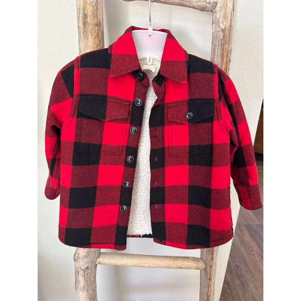 Crewcuts J.Crew Boys' sherpa-lined flannel red black plaid shirt jacket‎ size 2